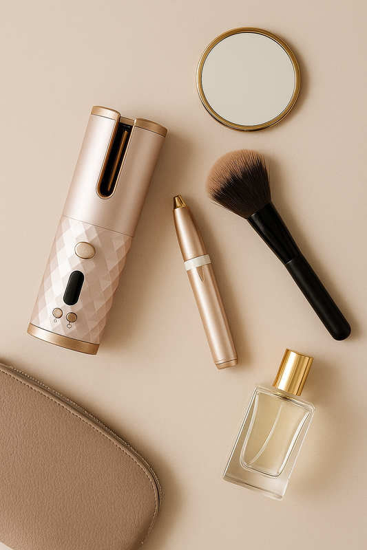 HavenGlow Portable Hair Curler and Eyebrow Trimmer displayed with beauty essentials for effortless on the go styling