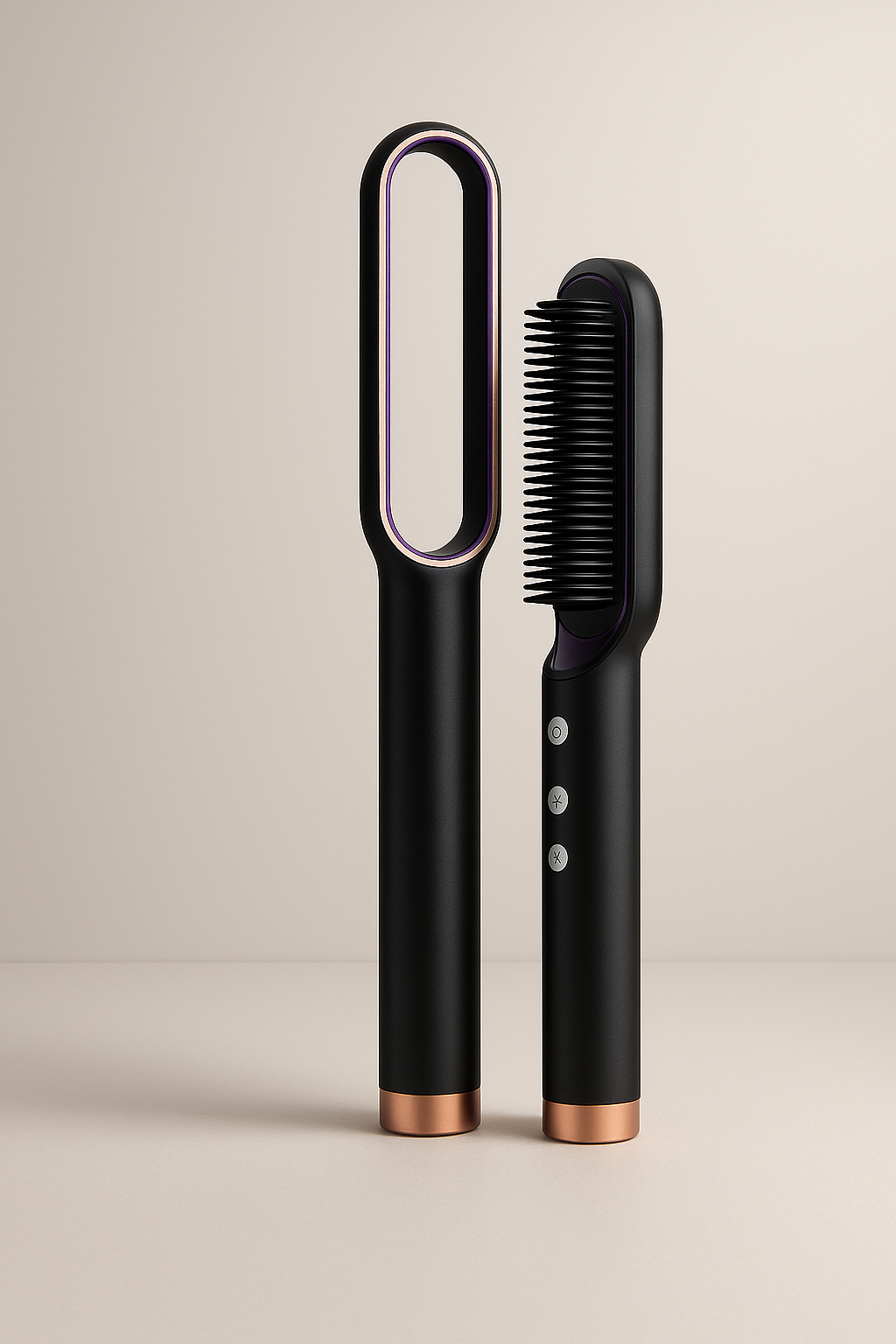 Black hair straightener and comb on a beige background