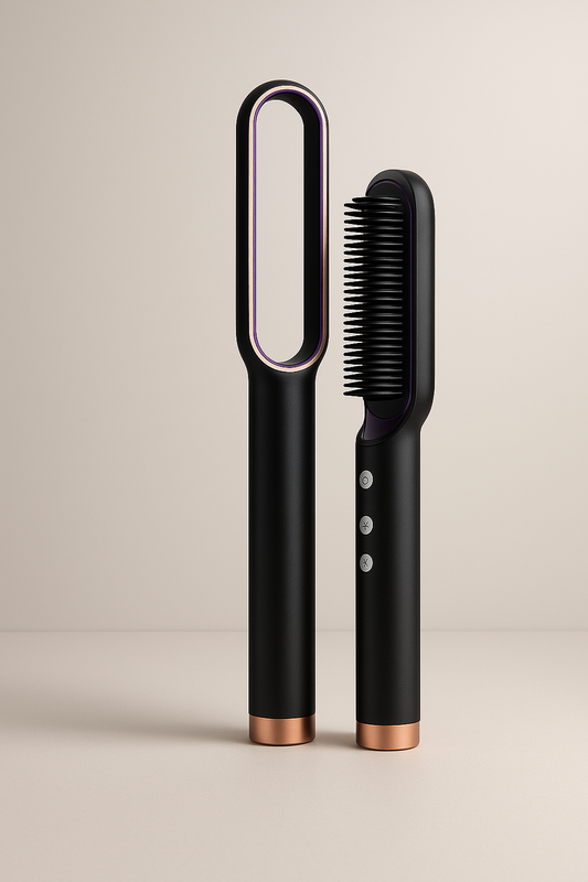 Black hair straightener and comb on a beige background