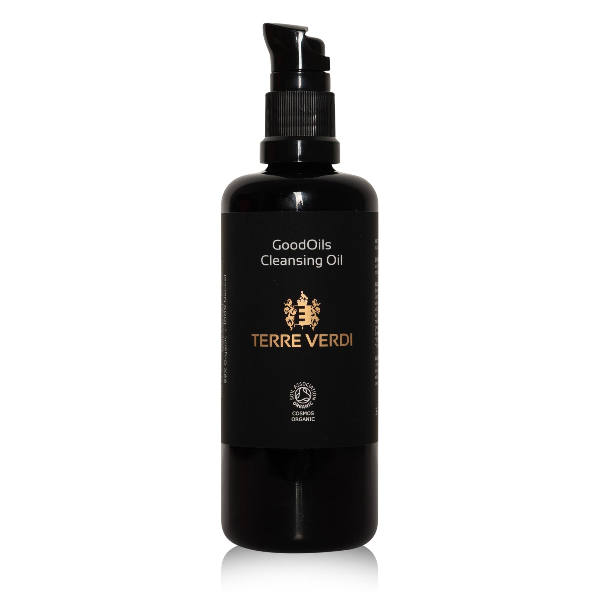 Black bottle of Terre Verdi GoodOils Cleansing Oil on a white background