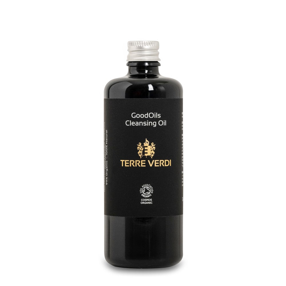 Black bottle of GoodOils Cleansing Oil by Terre Verdi on a white background