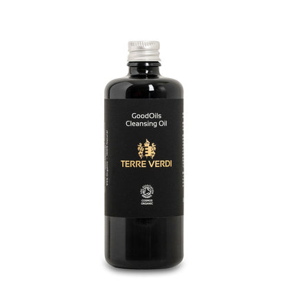 Black bottle of GoodOils Cleansing Oil by Terre Verdi on a white background